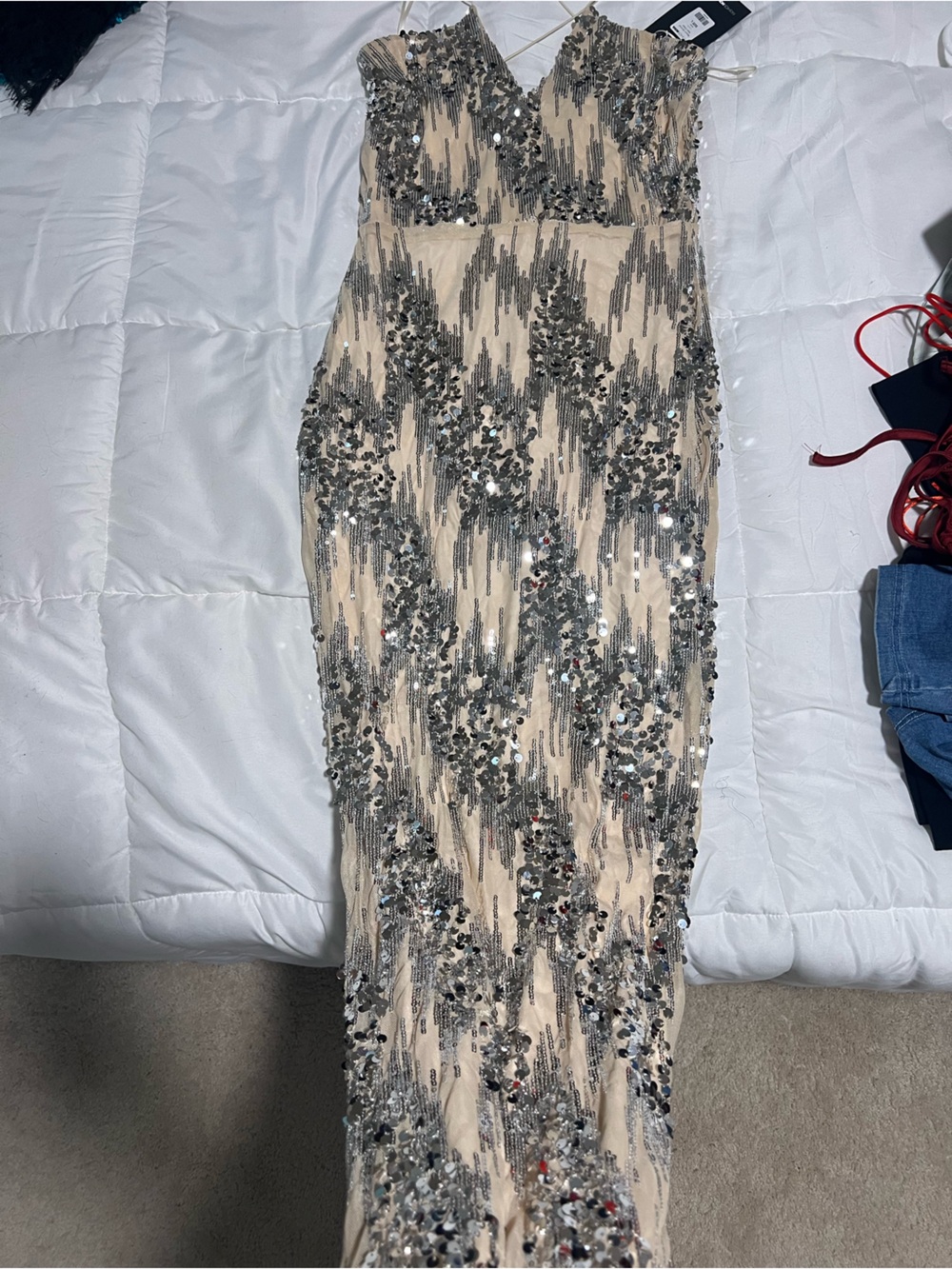 Fashion Nova Beige Maxi Gown with Silver Sequin Embellishment